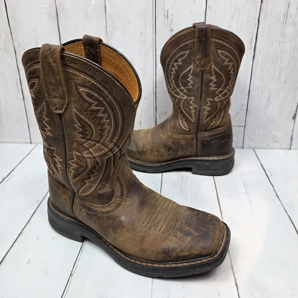 Ariat Kid's Work Hog Brown Leather Western Boot Youth Size 1 Boys 10042412 GUC